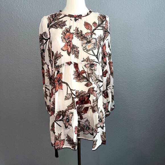 FOR LOVE and LEMONS Sheer Floral Ruffle Hem Tiered Sleeves Tassel Cuffs Dress S - Picture 1 of 12